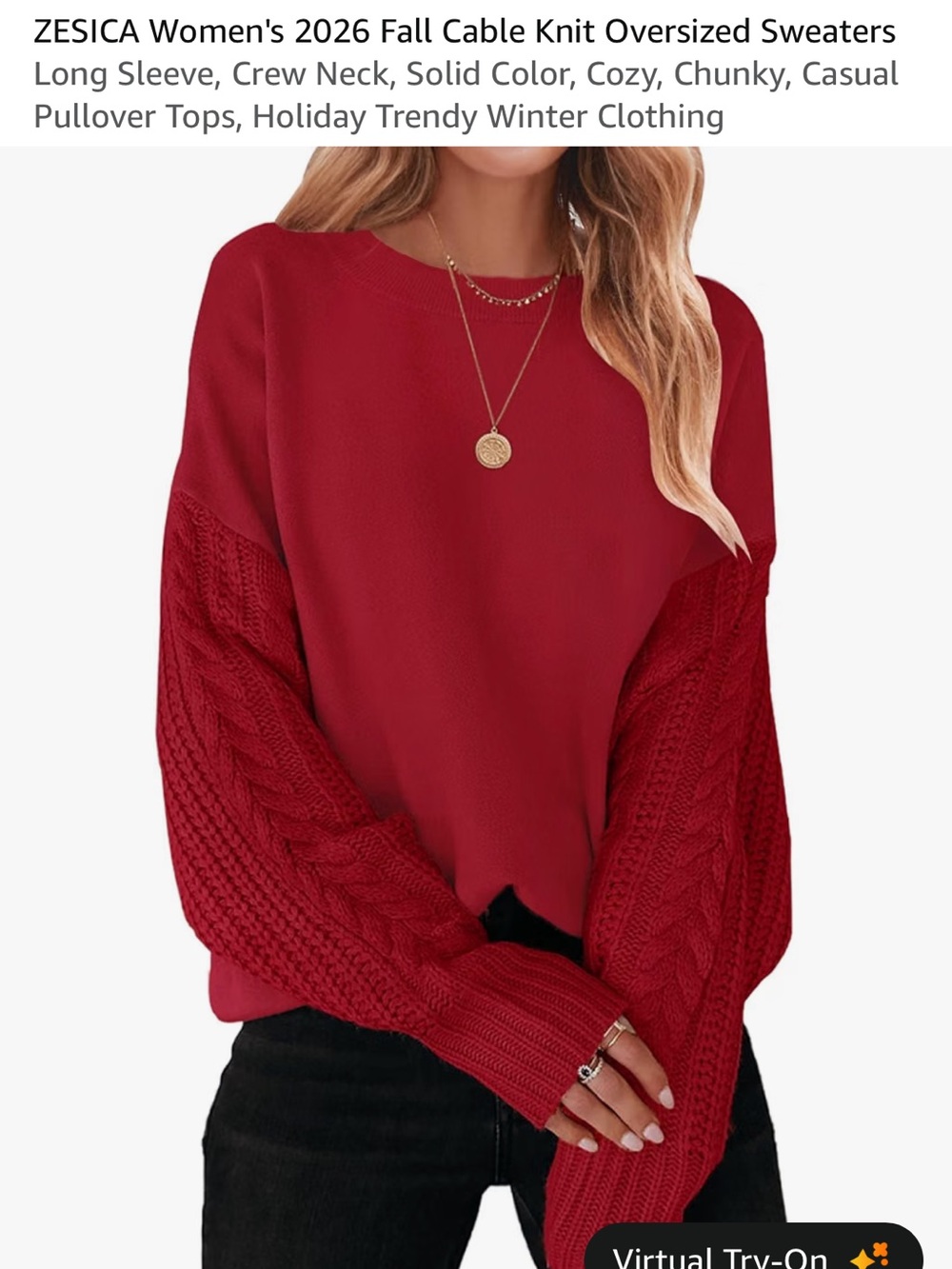 ZESICA Red Cable-Knit Balloon Sleeve Crewneck Sweater
